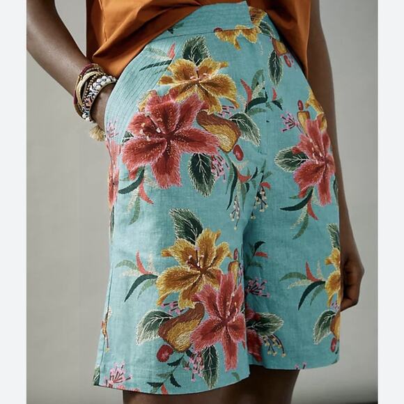 NWT Anthropologie Farm Rio Melanie Bermuda‎ Linen Shorts Sz S Blue Tropical Boho - Picture 12 of 12